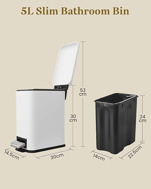 Small Bathroom Trash Can with Lid, Trash Can with Removable Liner, Soft Close lid & Step Pedal, Stainless Steel Trash Bin for Bathroom,Bedroom,Home Office (White, 1.3 Gallon)