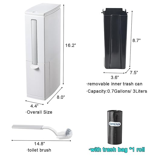 Slim Bathroom Trash Cans with Lid 4.4 Inches Wide/0.7 Gallon(3 Liters),Small Narrow Lidded Bathroom Trash Can with Toilet Brush for RV Camper,Tiny Garbage Can RV Accessories for Inside (Ivory)