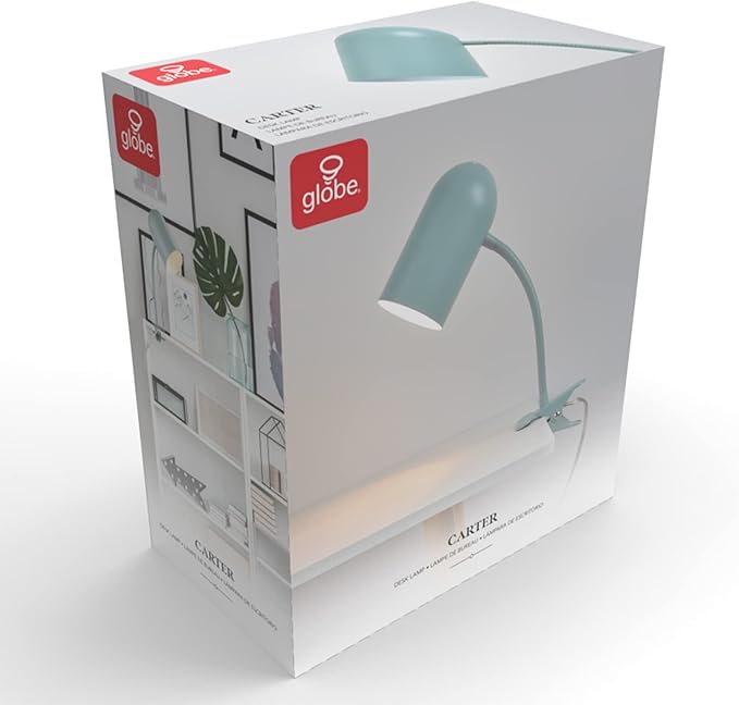 GLOBE Electric 52302 Carter 15" Clip-Arm Desk Lamp, Matte Teal, Adjustable Gooseneck Arm, in-Line On Off Switch (Pack of 2)