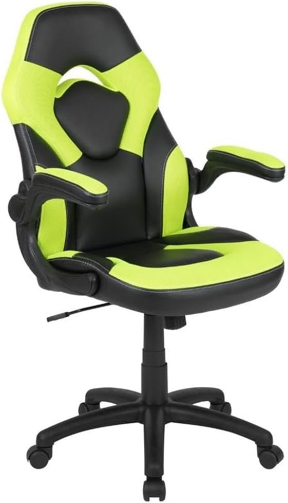 BOWERY HILL 2 Piece Gaming Desk Set with Chair, Black Laminate Desk Top, Green Mesh Inserts, Monitor Stand, Cup Holder, Headset Hook, Ergonomic Chair, Tilt Lock, Contemporary Design for Gamers