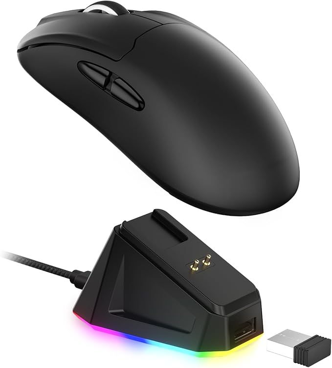 LTC GM022 Ultralight 3-Mode Wireless Gaming Mouse with RGB Charging Dock, PAW3395 26K DPI Sensor, 55G Lightweight Ergonomic Bluetooth Gaming Mouse, 5 Programmable Buttons, 80 Million Click Switch