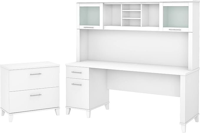 Bush Furniture Somerset 72W Office Desk with Hutch and Lateral File Cabinet in White