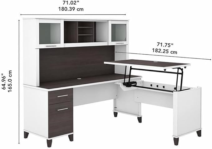 Pemberly Row Engineered Wood 72W Sit to Stand L Desk with Hutch, White/Gray Finish, Lift-n-Lock Ergonomic Design, Frosted Glass Doors, File Storage, Home Office Desk