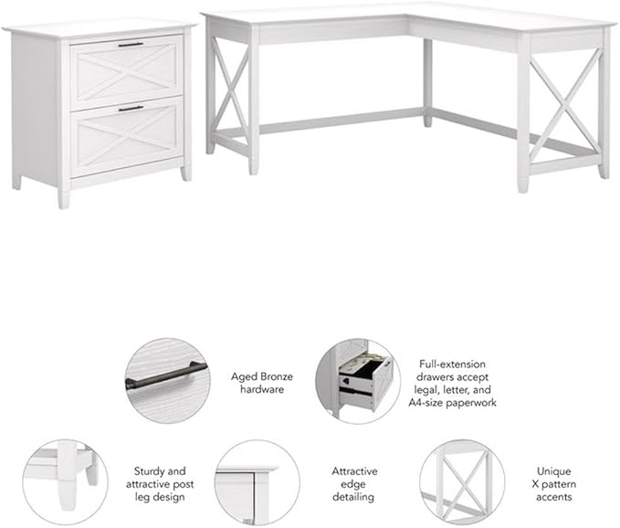 Bush Home Key West 60W L Shaped Desk with 2 Drawer Lateral File Cabinet in Pure White Oak, Large Corner Table and Document Storage for Home Office