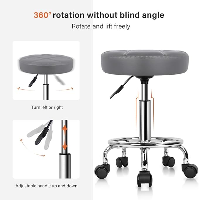 KKTONER Round Rolling Stool Chair PU Leather Height Adjustable Swivel Drafting Work SPA Shop Salon Stools with Wheels Office Chair Small (Gray)