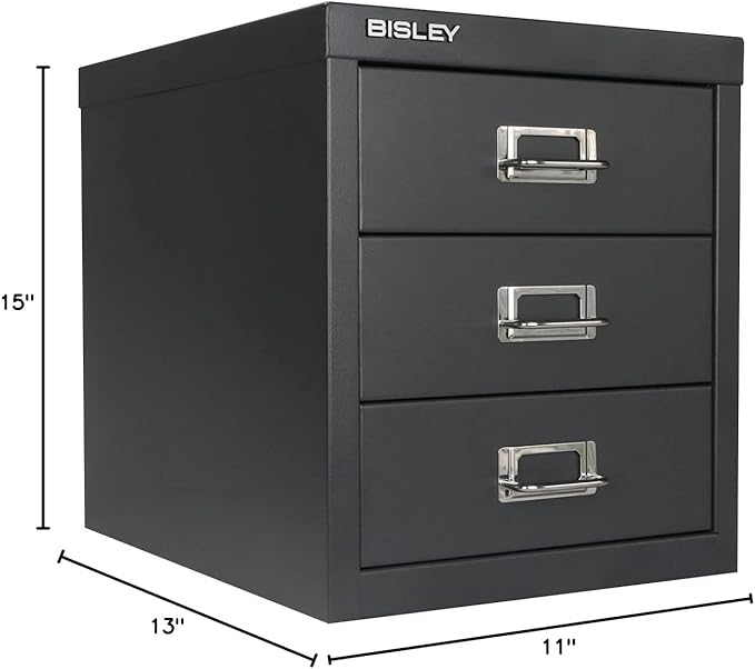 Bisley 3-Drawer Steel MultiDrawer Cabinet - Anthracite Grey, Chrome Pull Handles with Label Holders, Powder-Coated Steel, Removable Drawers, Desktop Storage, Labels Included