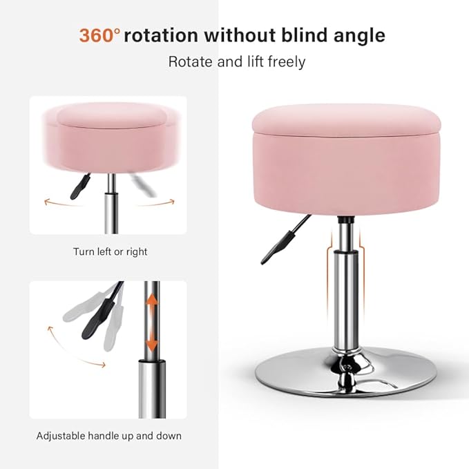 KKTONER Velvet Round Vanity Stool with Storage Height Adjustable Makeup Chair with Swivel Base Non-Slip Small Vanity Stool for Spa Salon Dressing Room Bedroom (Pink)