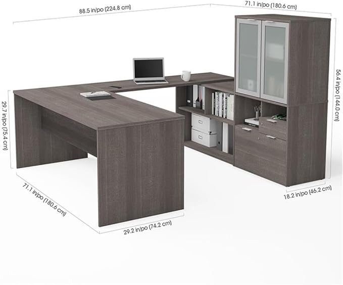 Atlin Designs U Shape Computer Desk with Hutch, Bark Gray Finish, 71 in Wide, Melamine and Particle Board Construction, Lockable Drawers, Frosted Glass Doors, Reversible Office Desk for Home or Work