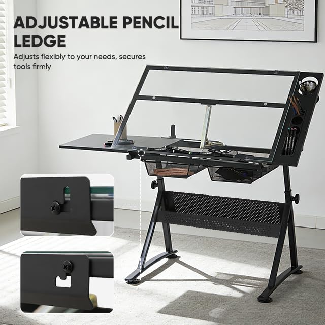 Magshion Professional Drafting Table for Teens w/Stool, Tilting GlassTabletop & Adjustable Height, Art Craft Desk Watercolor Paintings Sketching Work Station for Studio Home Office School (Clear)