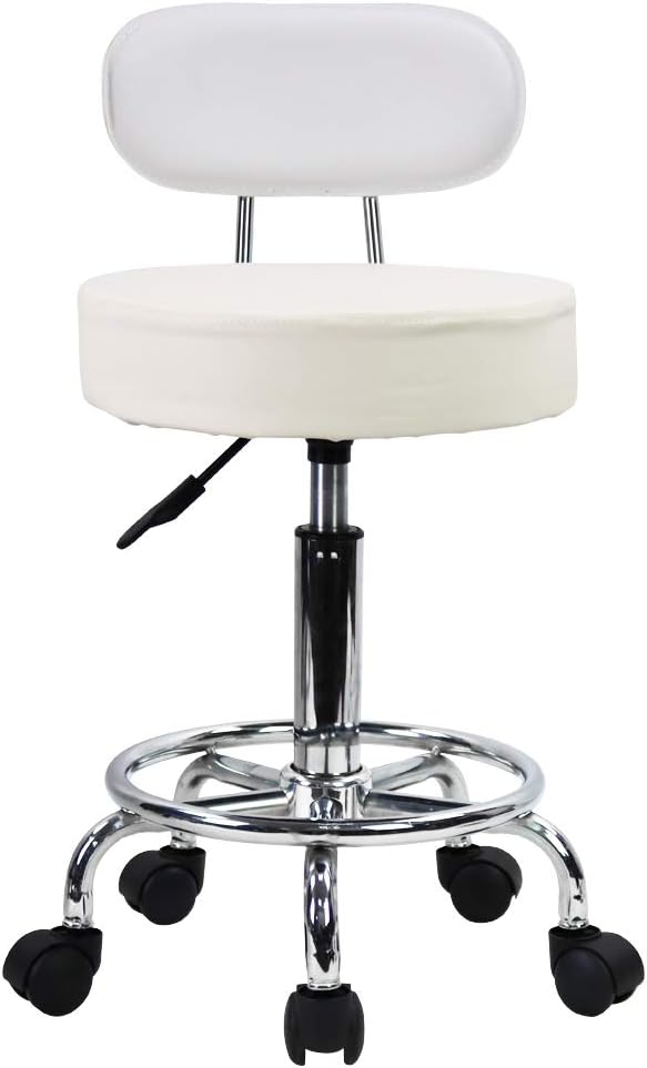 KKTONER PU Leather Rolling Stool Mid-Back with Footrest Height Adjustable Office Computer Home Drafting Swivel Task Chair with Wheels (White)