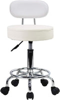 KKTONER PU Leather Rolling Stool Mid-Back with Footrest Height Adjustable Office Computer Home Drafting Swivel Task Chair with Wheels (White)