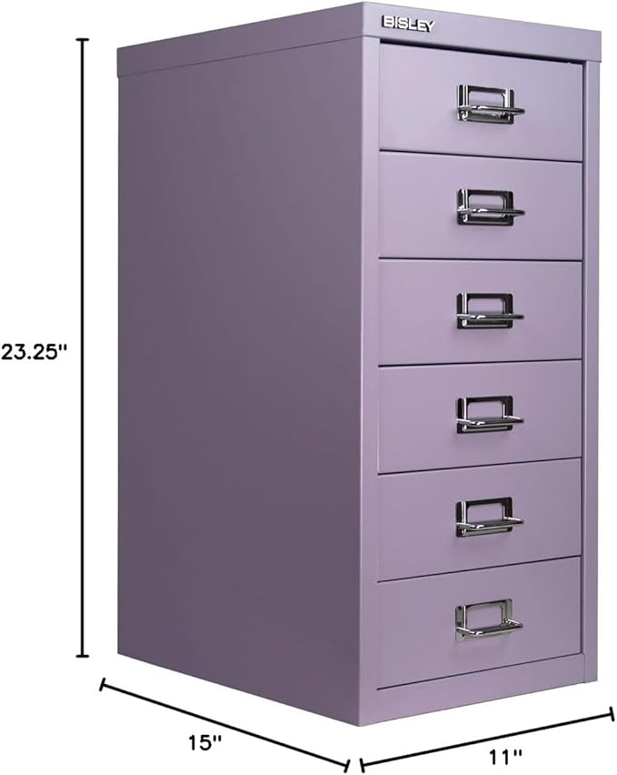 Bisley 6-Drawer Steel MultiDrawer Cabinet - Lilac, Chrome Pull Handles with Label Holders, Powder-Coated Steel, Removable Drawers, Fits Under Most Desks, Labels Included