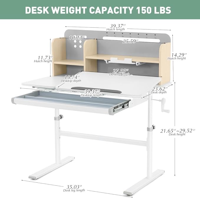 COSVALVE 39in Wide Adjustable Height Kids Desk with Tilting Desktop, Steel Frame, Drawer, and Bookshelf Hutch, Study Child Table for Ages 3-12, Grey