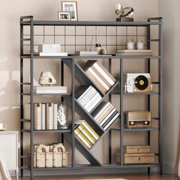 RALGEND Triple 5-Tier Bookshelf, Industrial Large Wide Bookcase with 14 Open Display Shelves, Modern Tree Bookcase Metal Frame Bookshelf with Hanging Function for Living Room Home Office, Black