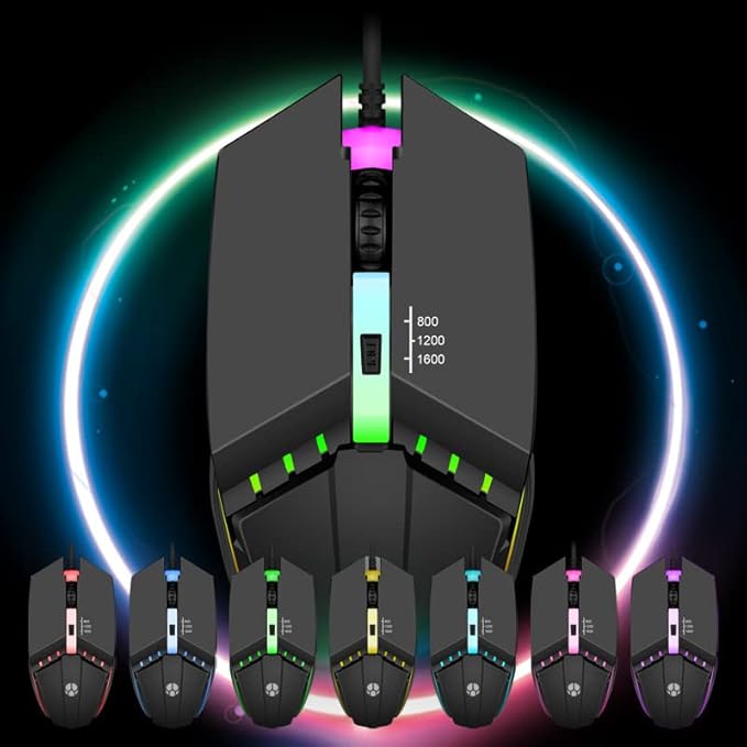 Guiheng Wired Gaming Mouse, Optical USB Mice for Laptop/Desktop, 800 to 1600 and RGB Light, Ergonomic with 4 Programmable Buttons for Computer Windows 7/8/10/XP Vista Linux Chromebook PC