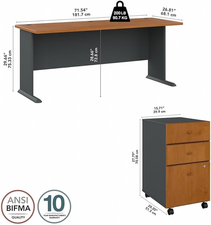 Bush Business Furniture Series A 72W Desk with Mobile File Cabinet in Natural Cherry and Slate