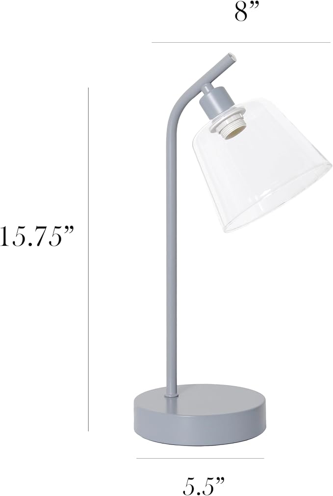 Simple Designs LD1080-GRY 16" Sleek Essentials Modern Industrial Metal Desk Lamp with Clear Glass Shade, for Office, Desk, Nightstand, Dorm, Gray