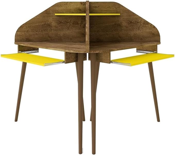 Eden Home 2-Piece Wood Cubicle Desk Set, MDF Rustic Brown and Yellow Finish, Includes Keyboard Drawer, Overhead Shelf, Mid-Century Modern Corner Design for Home Office Use