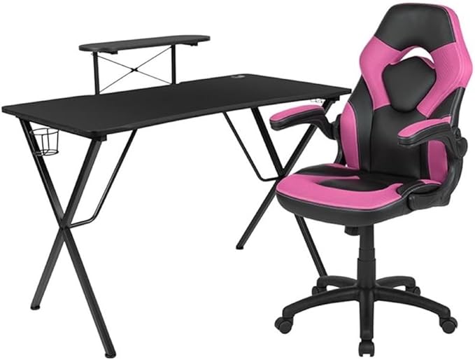 BOWERY HILL Gaming Desk and Racing Swivel Chair Set, 51.5" Desk, Black Laminate and Pink LeatherSoft Finish, Ergonomic High Back Chair with Flip-Up Arms, Contemporary Design for Gamers