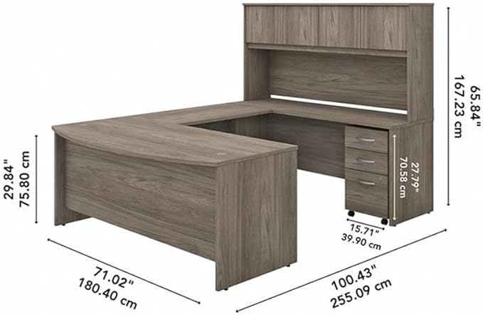 Bush Business Furniture Studio C 72W x 36D U Shaped Desk with Hutch and Mobile File Cabinet in Modern Hickory, U Workstation Set for Home or Professional Office