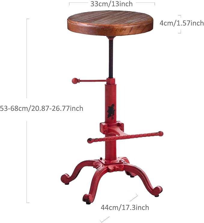 Topower Industrial Retro Vintage Farm Wooden Tractor Stool Kitchen Swivel Height Adjustable Bar Stool (Antique Red)