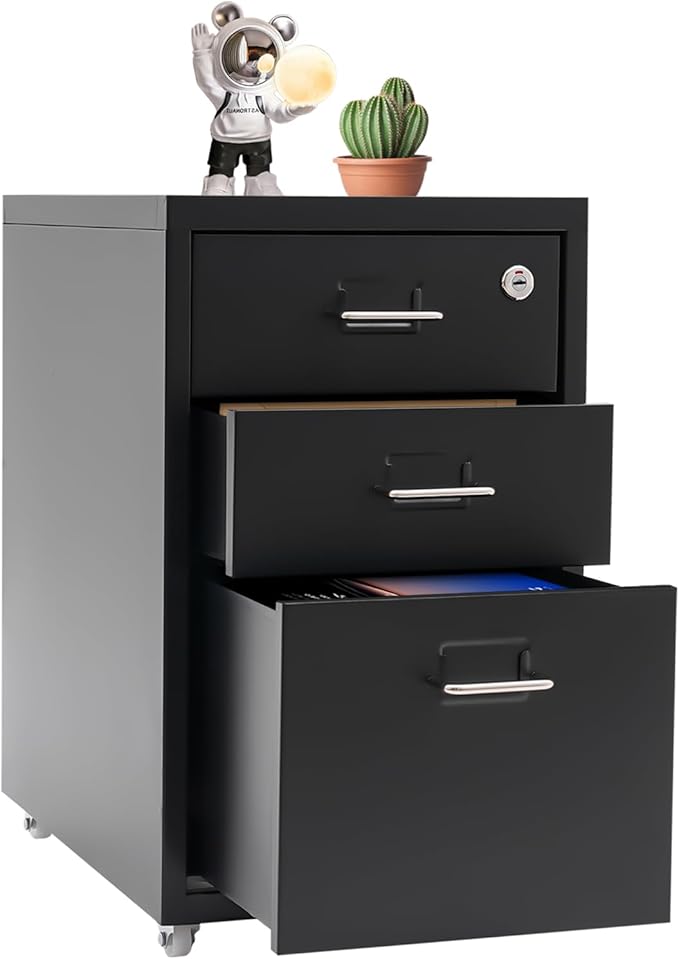 3 Drawer Vertical File Cabinet, Filing Cabinets for Home Office, Metal Vertical File Storage Cabinet with Lock, Locking File Cabinet for Office, Study, Dresser, 11" W x 16" D x 18.3" H, Black (Black)