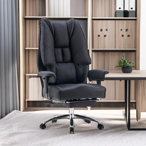 EXCEBET Big and Tall Office Chair 400lbs Wide Seat, Leather High Back Executive Office Chair with Foot Rest, Ergonomic Chairs Lumbar Support for Lower Back Pain Relief (Black)