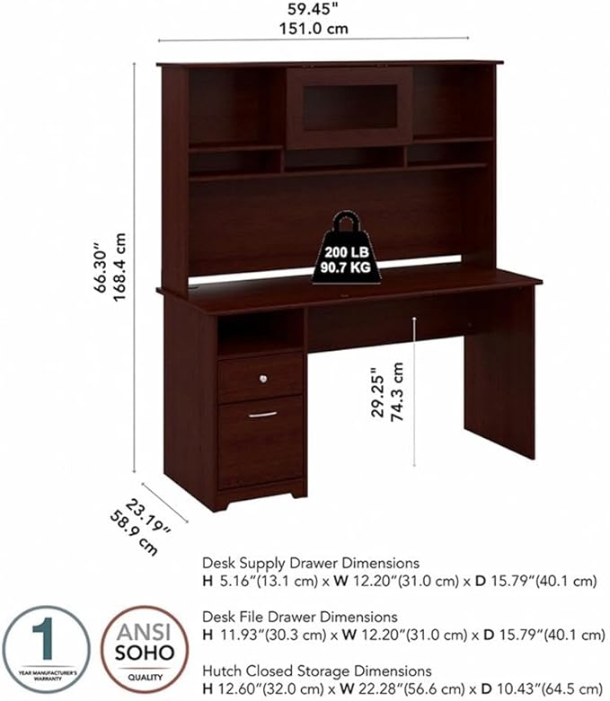 Bush Furniture Cabot 60W Computer Desk with Hutch and Drawers in Harvest Cherry