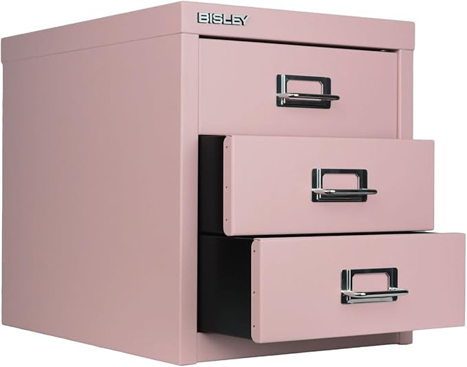 Bisley 3-Drawer Steel MultiDrawer Cabinet - Palest Pink, Chrome Pull Handles with Label Holders, Powder-Coated Steel, Removable Drawers, Desktop Storage, Labels Included