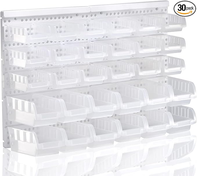 Transparent Garage Organizer Bins, 30PCS Wall Mounted Storage Small Parts Bins With White Pegboard to Store Nuts,Bolts, Screws, Nails