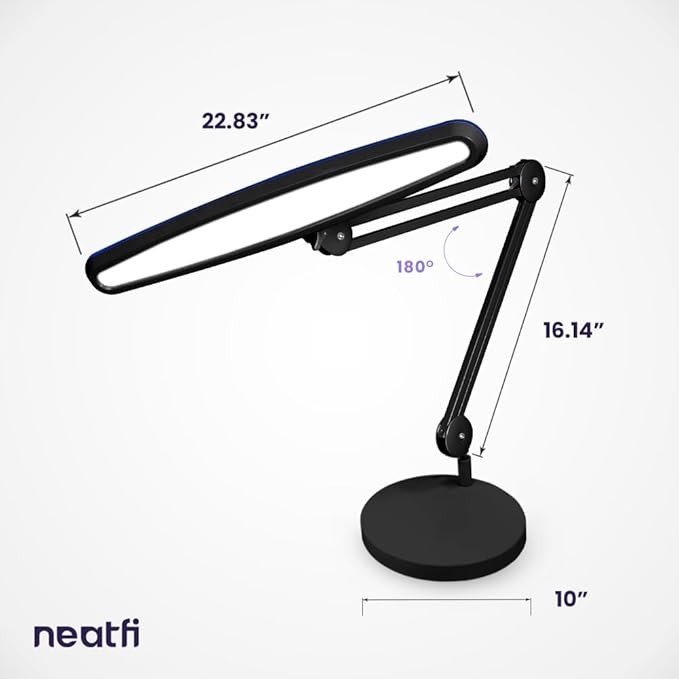 Neatfi XL 24W LED Desk Lamp – 2,200 Lumens | 23” Wide Shade | Dimmable Eye-Caring Task Light | Adjustable Arm | Office, Study, Crafting & Nail Techs (Black, Non-CCT with Base)