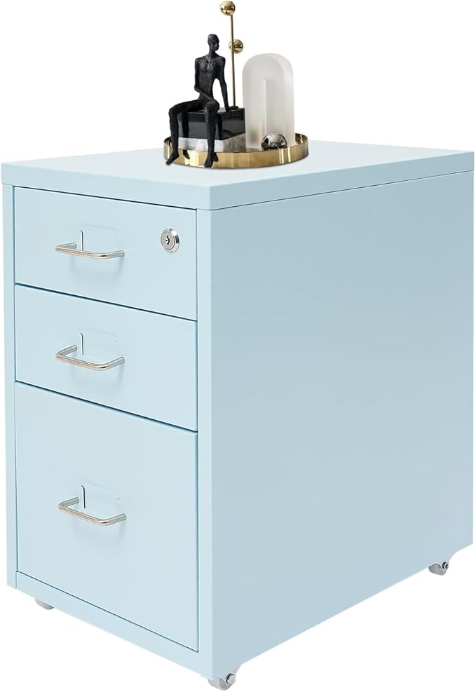 File Cabinet with Lock, 3-Drawer Vertical File Cabinet, 11 * 16 * 18.3In Metal File Cabinet with Wheels for Home Office (Blue)
