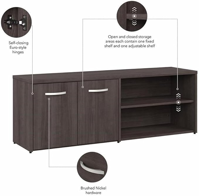 Pemberly Row 72W Office Desk with Storage, Engineered Wood, Storm Gray Finish, Includes 3 Drawer File Cabinet and Low Storage Credenza, Modern Workstation for Home Office or Professional Use