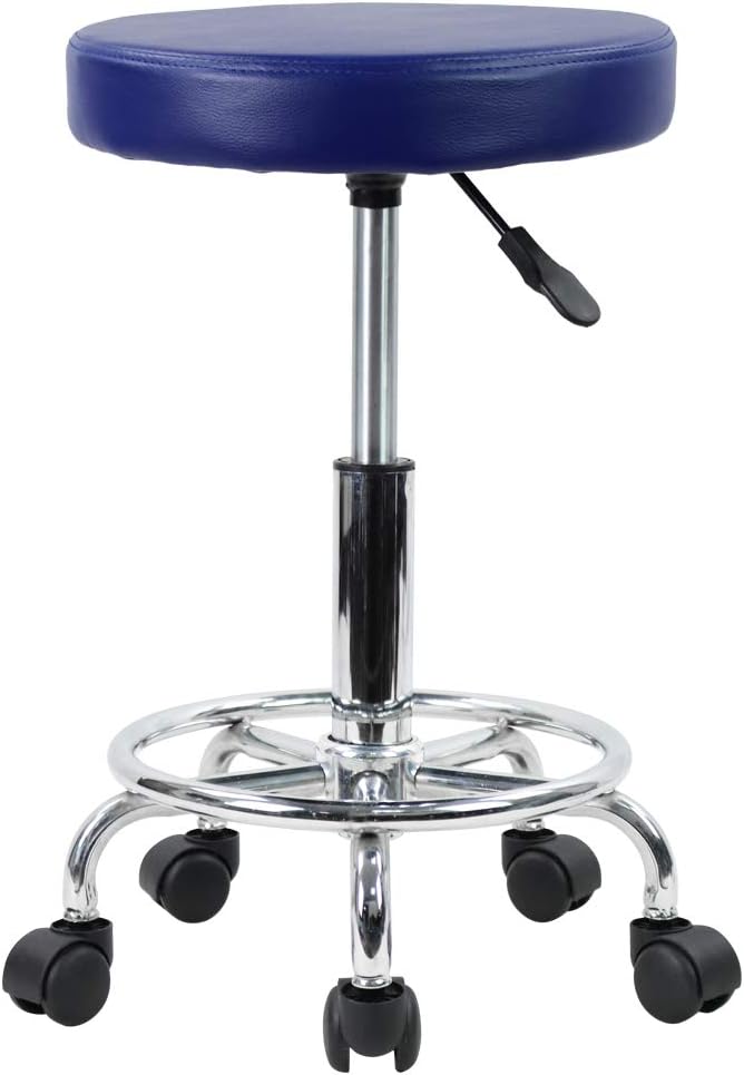 KKTONER PU Leather Round Rolling Stool with Foot Rest Swivel Height Adjustment Spa Drafting Salon Tattoo Work Office Massage Stools Task Chair Cushion 14 inches (Blue)