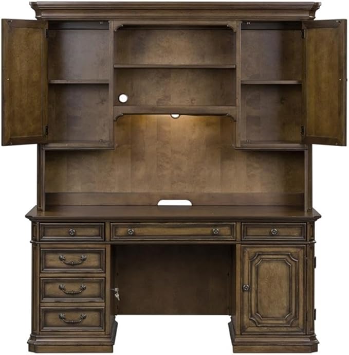 Pemberly Row Jr Executive Office Set, Medium Brown Finish, Antique Toffee Poplar & Birch Veneers, 5-Piece, Includes Desk, Credenza, Hutch, Adjustable Shelves, Touch LED Lighting, Wire Management