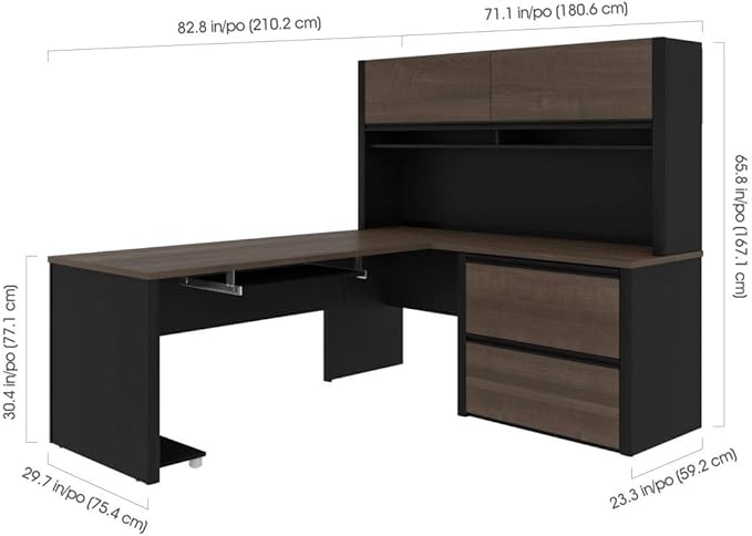Bestar Connexion 72W L-Shaped Desk with Hutch and Lateral File Cabinet in Antigua & Black