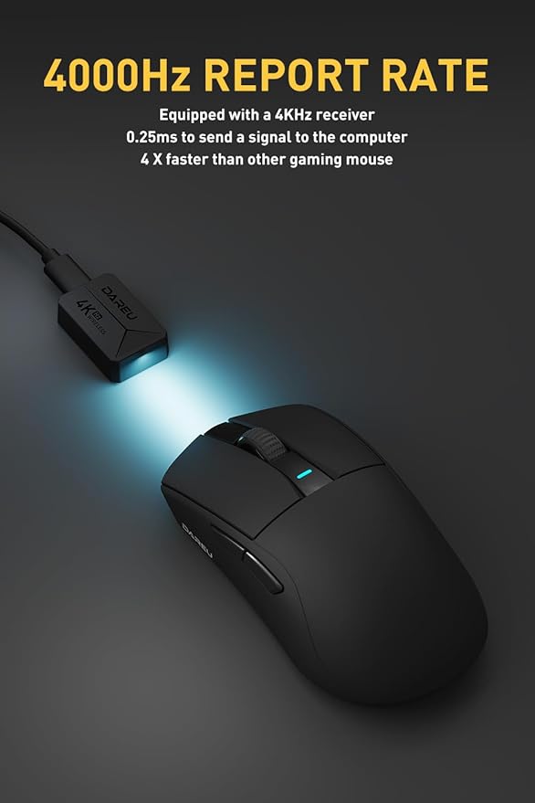 DAREU A950pro 4K Wireless Gaming Mouse:55g Ultra-Lightweight,4KHz Polling Rate,PAW3395 Optical Sensor,26K DPI,5 Programmable Buttons,Support 15min Fast Charging &Tri-Mode Connection (Black)