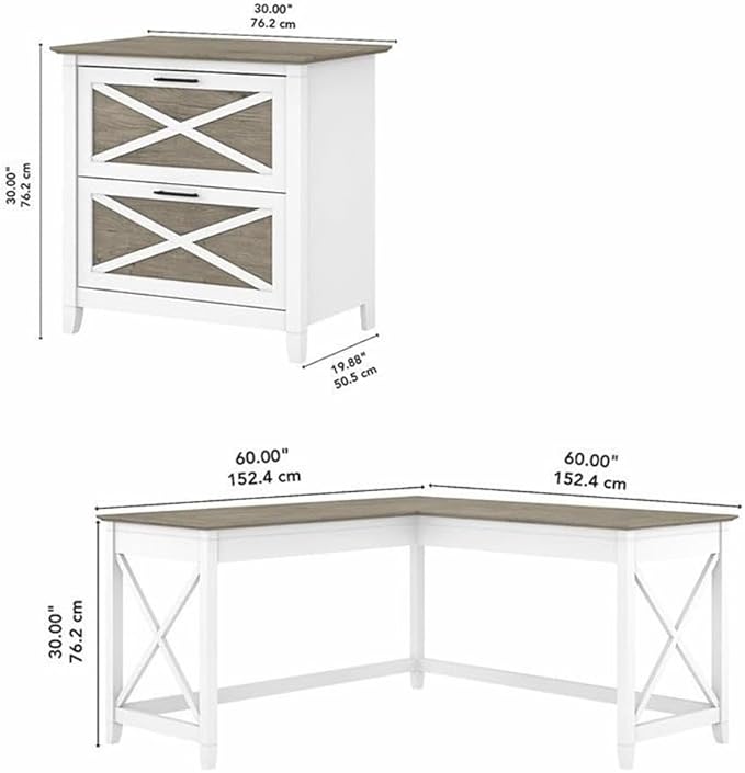 Bush Furniture L Shaped Desk with Lateral File Cabinet | Key West Collection Corner Computer Table with Storage for Home Office with Filing Unit | 60Wx60Dx30H