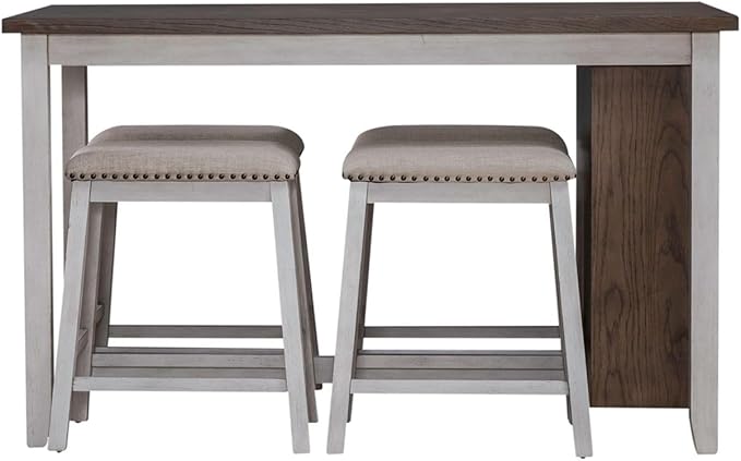 Liberty Furniture Brook Creek 5 Piece Counter Height Bookcase Table - Kitchen Dining Set Transitional 4 Upholstered Saddle Stools - White & Wood Tone Tops