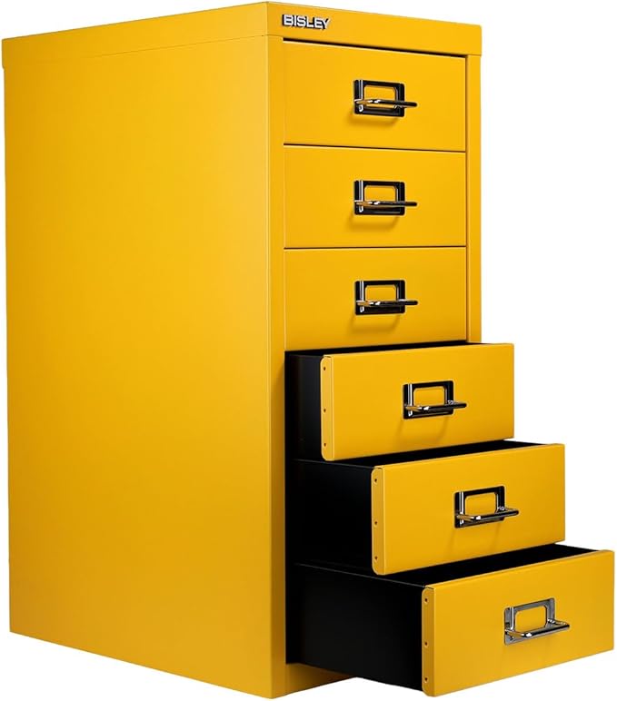 Bisley 6-Drawer Steel MultiDrawer Cabinet - Golden Sunflower Yellow, Chrome Pull Handles with Label Holders, Powder-Coated Steel, Removable Drawers, Fits Under Most Desks, Labels Included