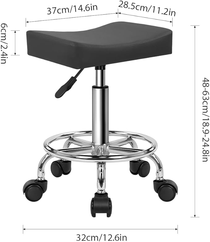 WKWKER Square Rolling Stool with Footrest PU Leather Height Adjustable 360° Swivel Stool with Wheels Massage SPA Salon Stools Task Chair Desk Drafting Bedroom Vanity Stool (Grey)