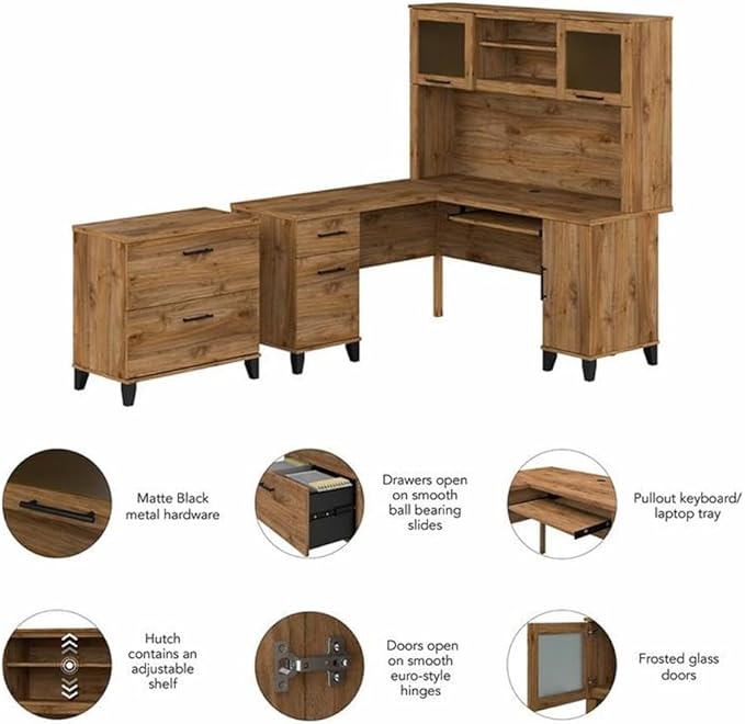 Pemberly Row 60W Engineered Wood L Shaped Desk with Hutch & File Cabinet, Fresh Walnut Finish, Frosted Glass Doors, Keyboard Tray, Legal/Letter File Storage, Home Office Furniture Set
