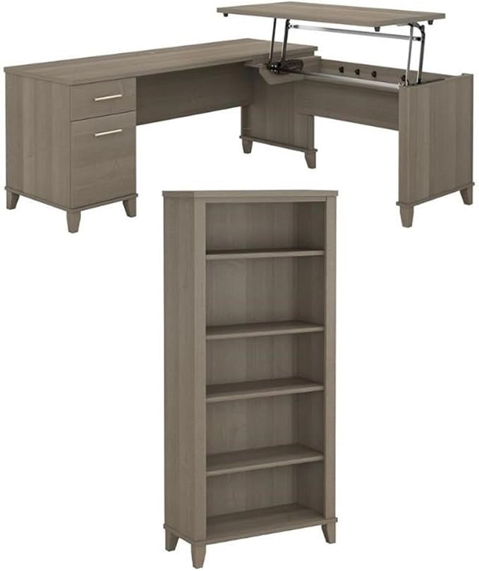 Home Square 2-Piece Set with L Desk & 5 Shelf Bookcase in Ash Gray
