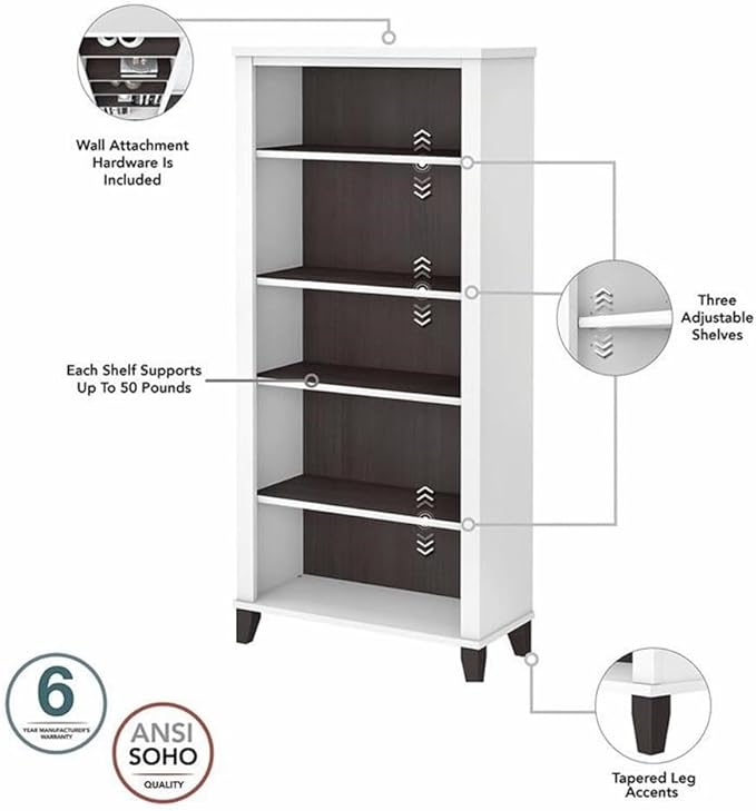 Pemberly Row 60W Engineered Wood Office Desk Set, Gray Finish, Includes Desk, Lateral File Cabinet, 5 Shelf Bookcase, Cable Management, Adjustable Shelves, Home Office Furniture for Organization