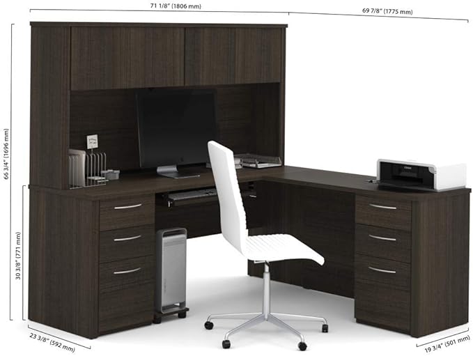 Bestar Embassy 72W L-Shaped Desk with Hutch and 2 Pedestals in Dark Chocolate