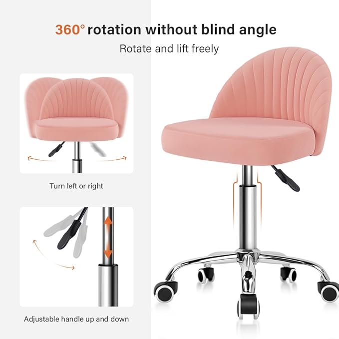 KKTONER Rolling Stool Swivel Office Chair Velvet Vanity Chairs Height Adjustable stools with Back for Bedroom Home Makeup Cosmetic Drafting(Pink)