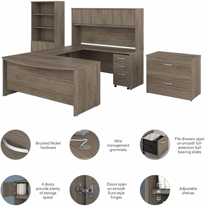Bush Business Furniture Studio C 72W x 36D U Shaped Desk with Hutch, Bookcase and File Cabinets in Modern Hickory