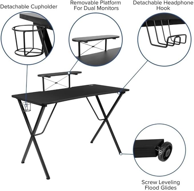 BOWERY HILL 2 Piece Gaming Desk Set, Black Laminate/Black Leather with Camouflage Mesh, Includes Raised Monitor Platform, Cup Holder, Headset Hook, Ergonomic High Back Chair for PC Gaming