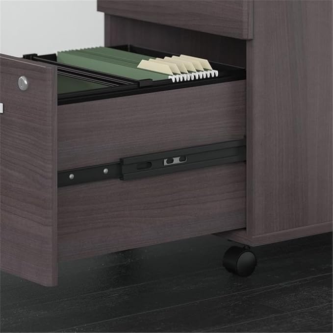Pemberly Row Office Desk Set, 72" Bow Front Desk with Credenza, Thermally Fused Laminate in Storm Gray, Includes Mobile File Cabinets, Contemporary Style for Home or Commercial Office Use