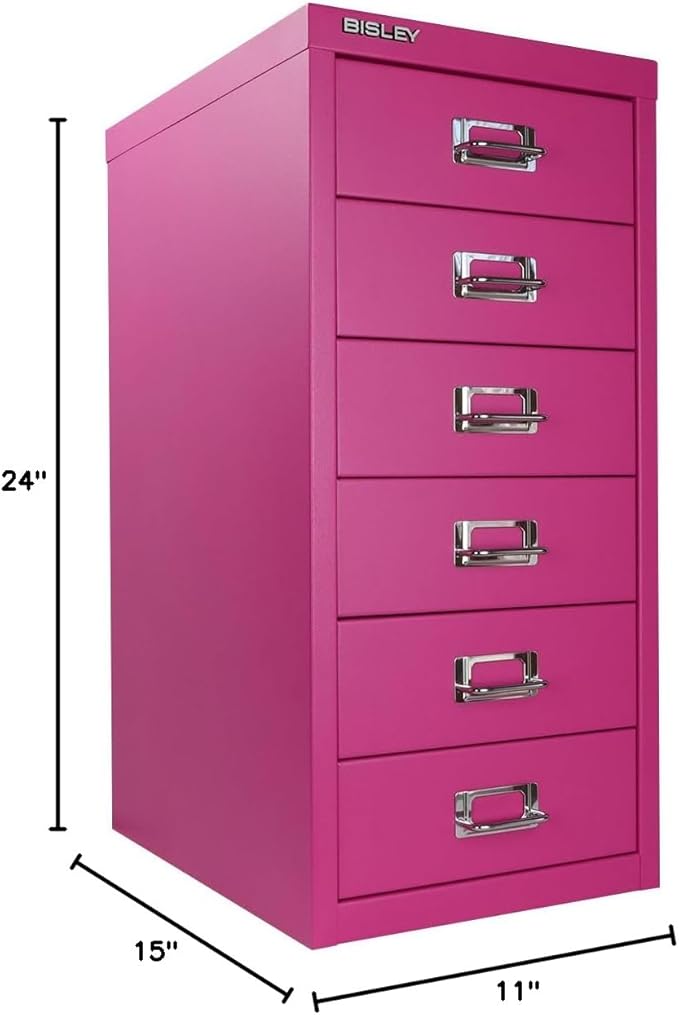 Bisley 6-Drawer Steel MultiDrawer Cabinet - Fuchsia, Chrome Pull Handles with Label Holders, Powder-Coated Steel, Removable Drawers, Fits Under Most Desks, Labels Included